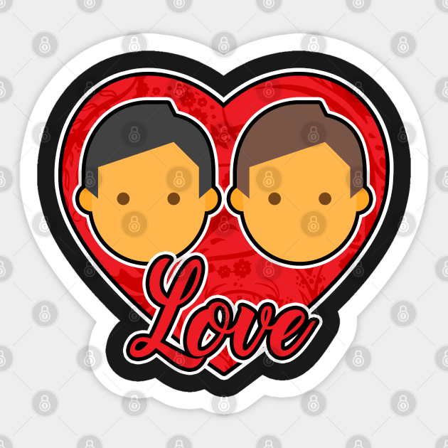 Heart-shaped sticker with two cartoon men faces and the word "Love" in red script.