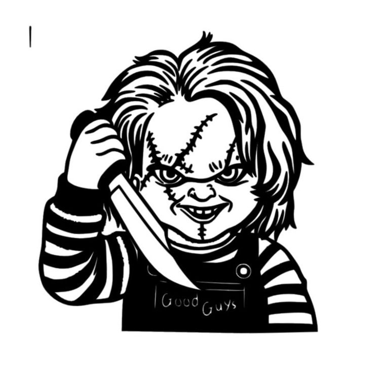 Chucky doll with stitched face, striped shirt, overalls reading "Good Guys", holding a knife in black-and-white illustration.