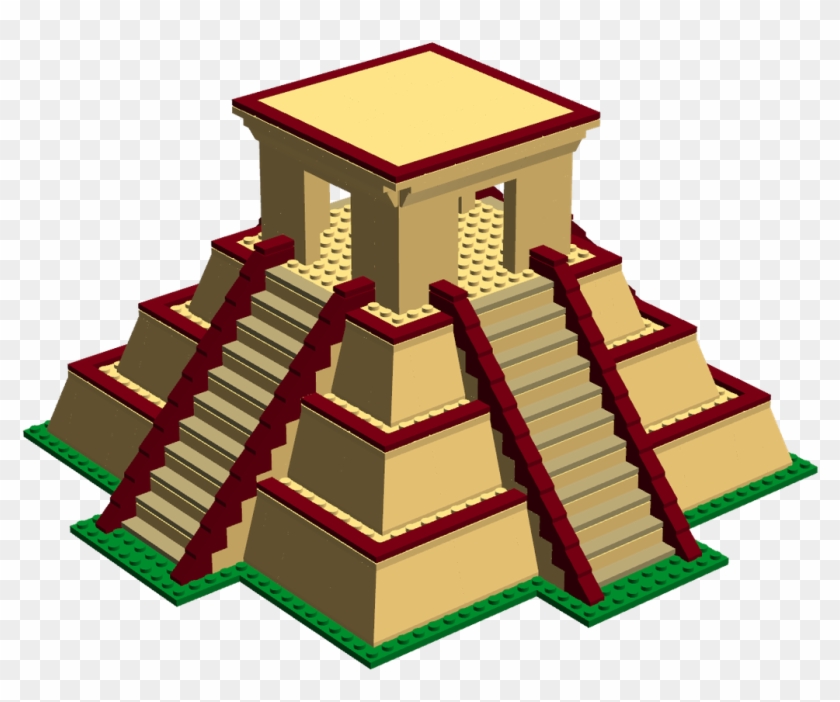 LEGO-style Mayan pyramid with tan steps, red trim, green base, and temple top on transparent background.