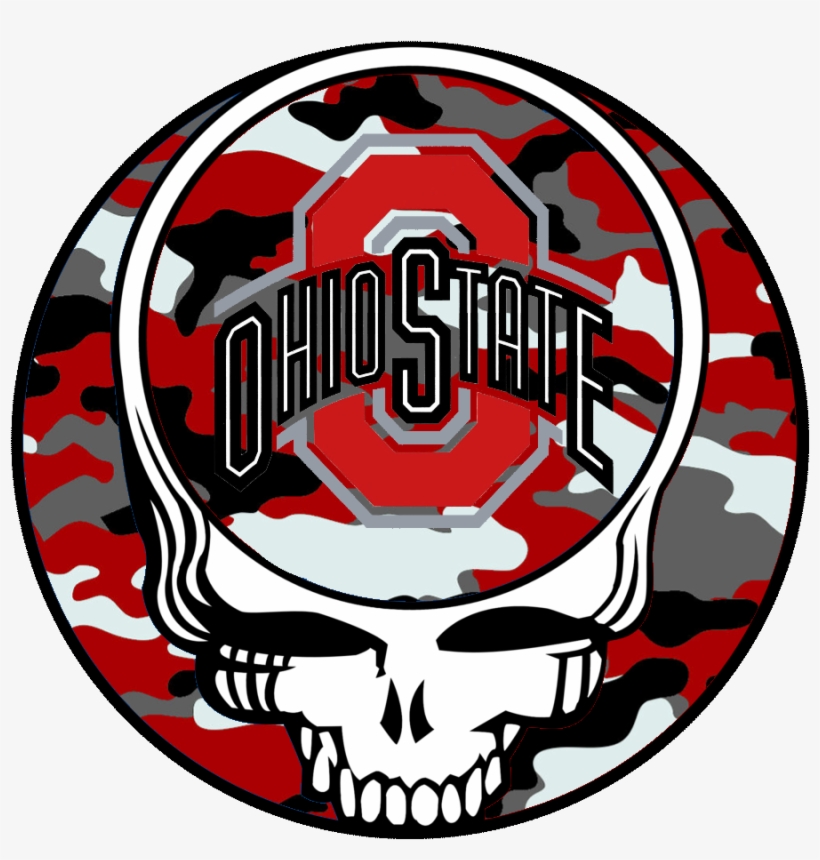 Ohio State Buckeyes Grateful Dead Steal Your Face skull logo with red, gray, black camouflage background.