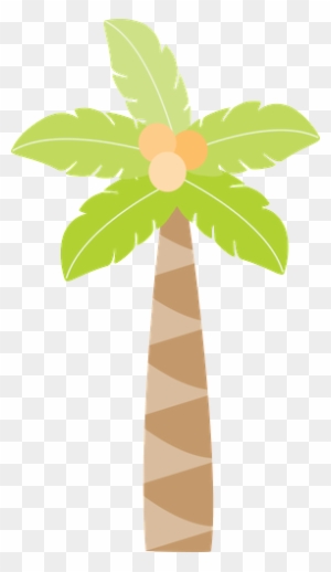 Stylized cartoon palm tree with green fronds, three coconuts, and striped brown trunk on transparent background.