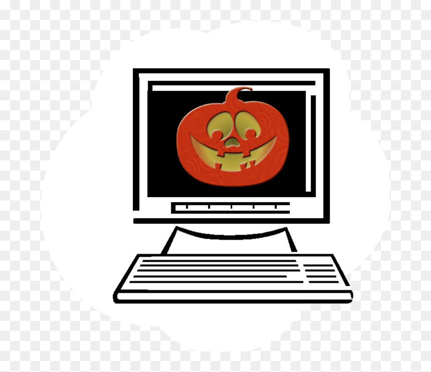 A cartoon-style desktop computer displaying a smiling jack-o'-lantern on its screen against a black background.