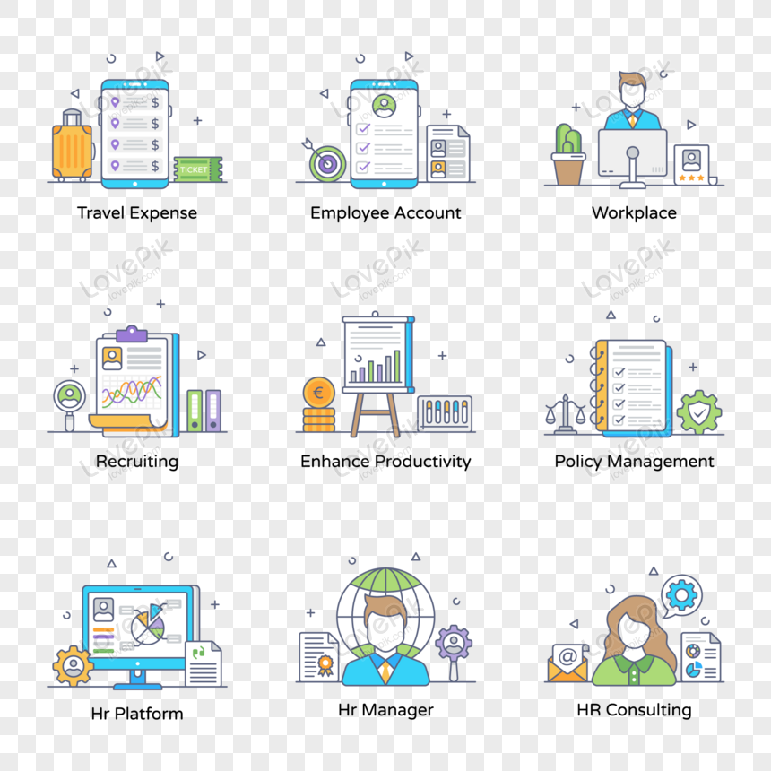 Nine flat-line icons representing HR functions: travel expense, employee account, workplace, recruiting, productivity, policy management, HR platform, manager, and consulting.
