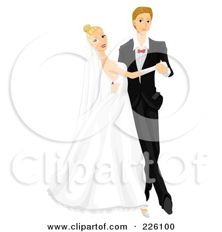A smiling bride in a white gown and veil dances with her groom in a black tuxedo and red bow tie.