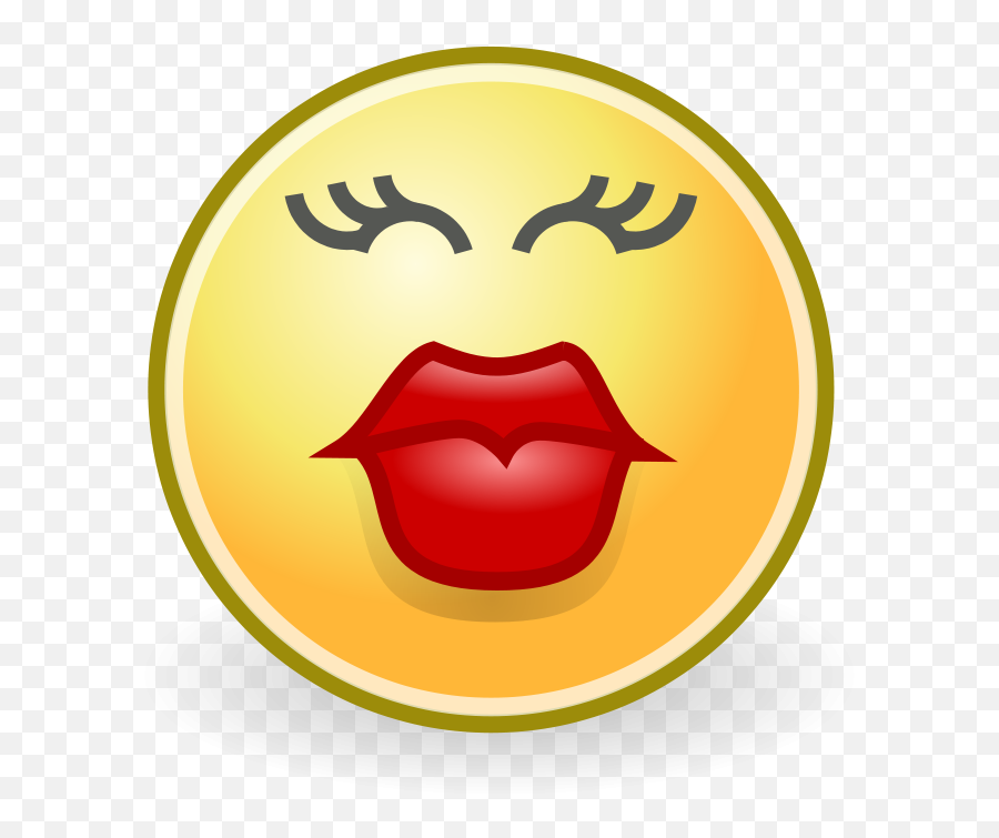 Yellow emoji with closed eyes, long lashes, and puckered red lips blowing a kiss.