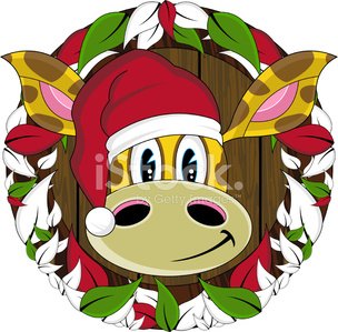 Festive cartoon giraffe wearing Santa hat inside floral wreath with poinsettias and greenery.
