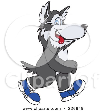 Cartoon husky dog jogging in blue sneakers with tongue out, smiling happily.