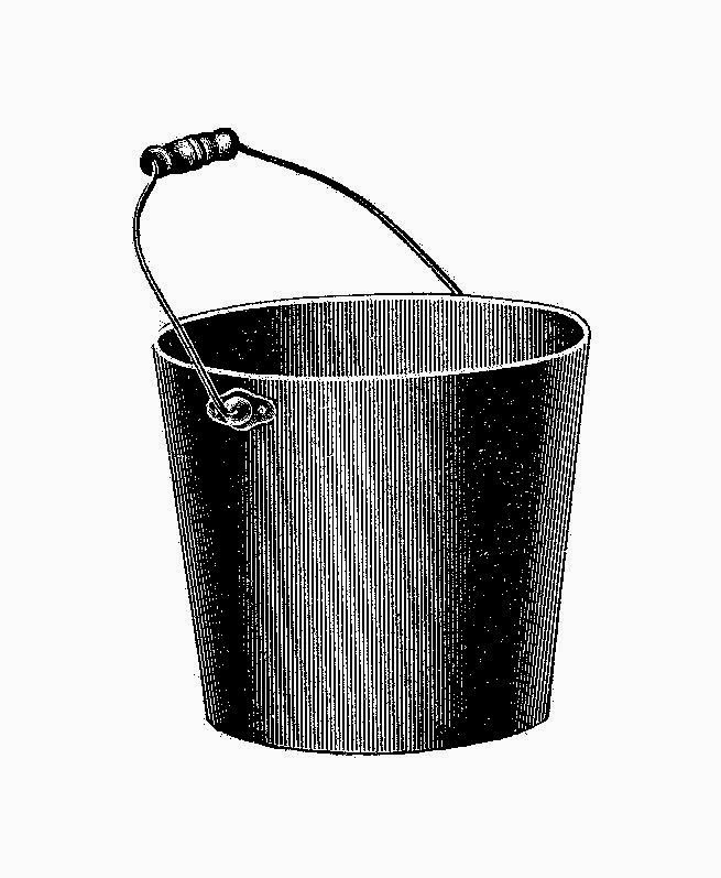 Vintage-style metal bucket with wooden-handled wire bail, rendered in detailed black-and-white line art.