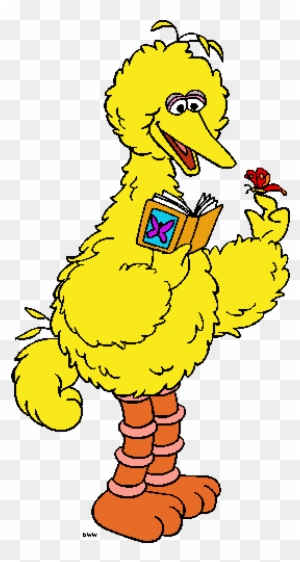 Big Bird from Sesame Street holding a book and a butterfly, smiling warmly.