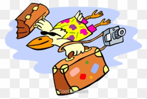 A cartoon duck in a colorful dress flies while holding a camera, suitcase, and sandwich.