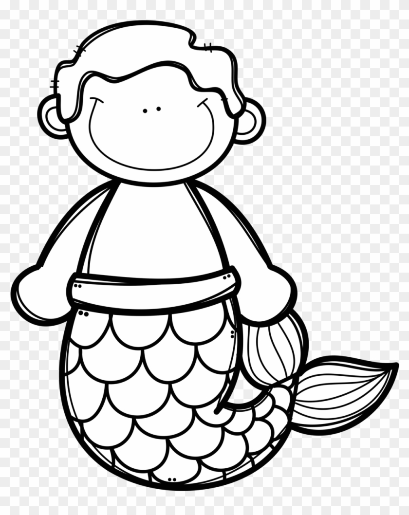 Smiling cartoon mermaid with curly hair, scale-patterned tail, and simple joyful expression, black-and-white line art.