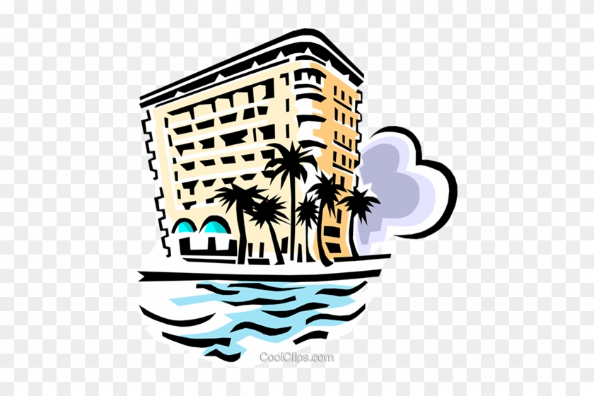 Stylized beachfront hotel with palm trees, ocean waves, and cloud, cartoon illustration.