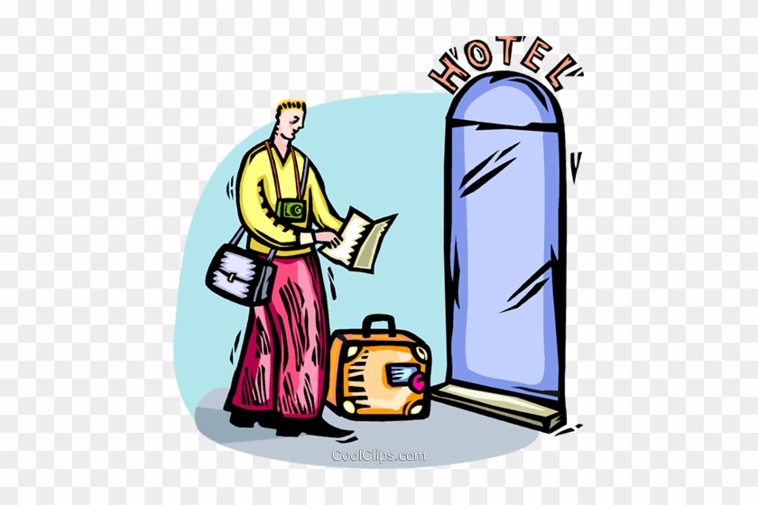 Traveler with suitcase and map checking in at a hotel entrance.