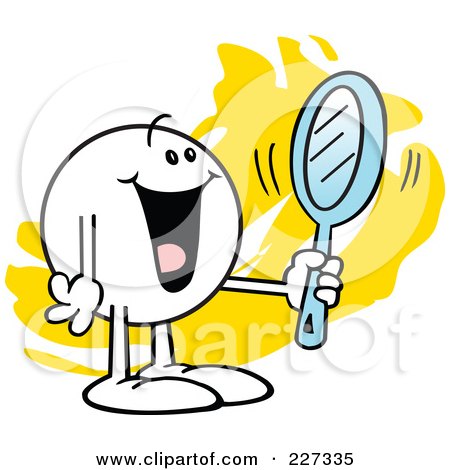 Cheerful cartoon character holding a mirror and pointing, smiling broadly against a yellow splash background.