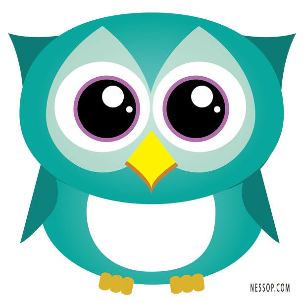 Cute teal cartoon owl with large expressive eyes, yellow beak, and white belly.