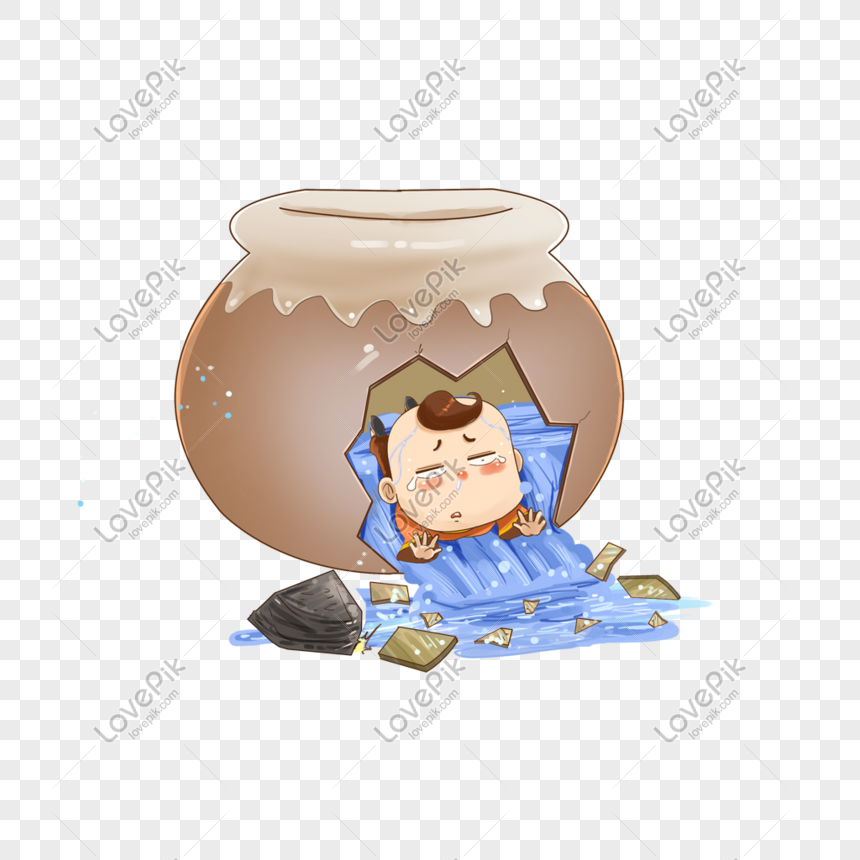 A cartoon monk trapped inside a broken clay jar, water spilling out with coins and a rock nearby.
