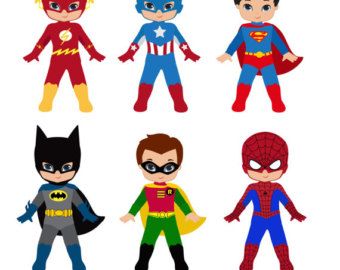 Six cartoon-style superhero characters for kids: Flash, Captain America, Superman, Batman, Robin, and Spider-Man.