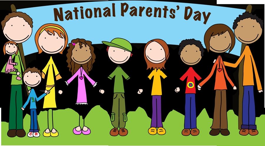 Diverse cartoon families celebrating National Parents' Day with smiles and colorful outfits on grassy field.