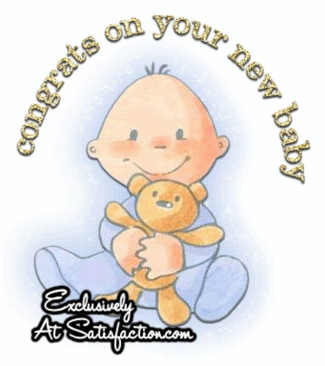 Smiling baby in blue outfit hugging a teddy bear, with "Congrats on your new baby" text arched above.