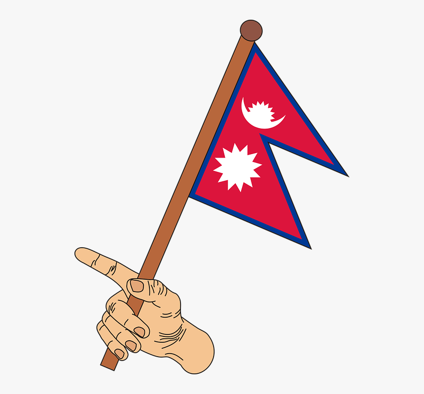 Hand holding a small Nepali flag on a wooden stick, featuring the unique double-pennon design with sun and crescent symbols.