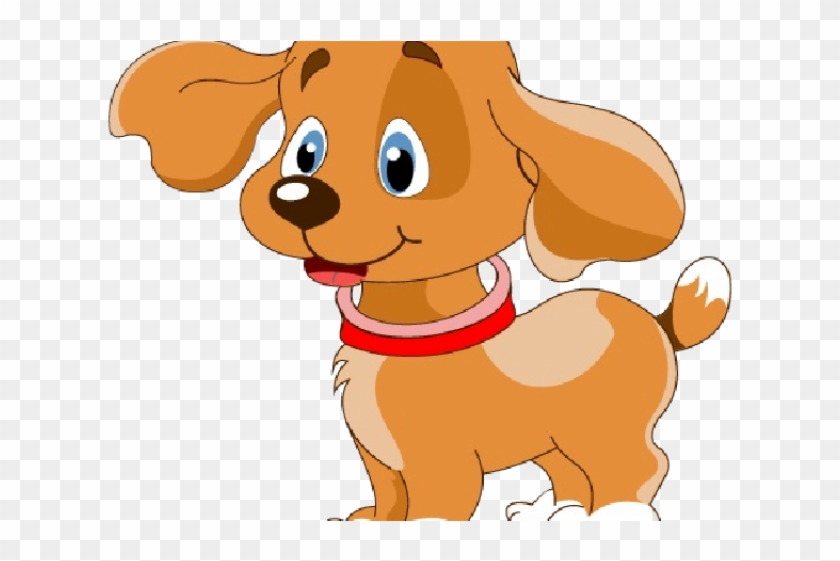Cute cartoon brown puppy with blue eyes, red collar, and wagging tail on transparent background.