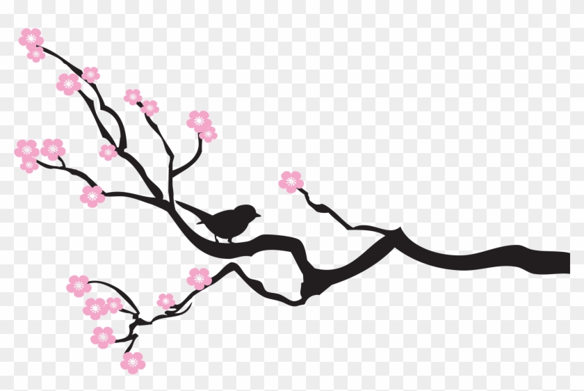 Silhouette of a bird perched on a cherry blossom branch with pink flowers against transparent background.