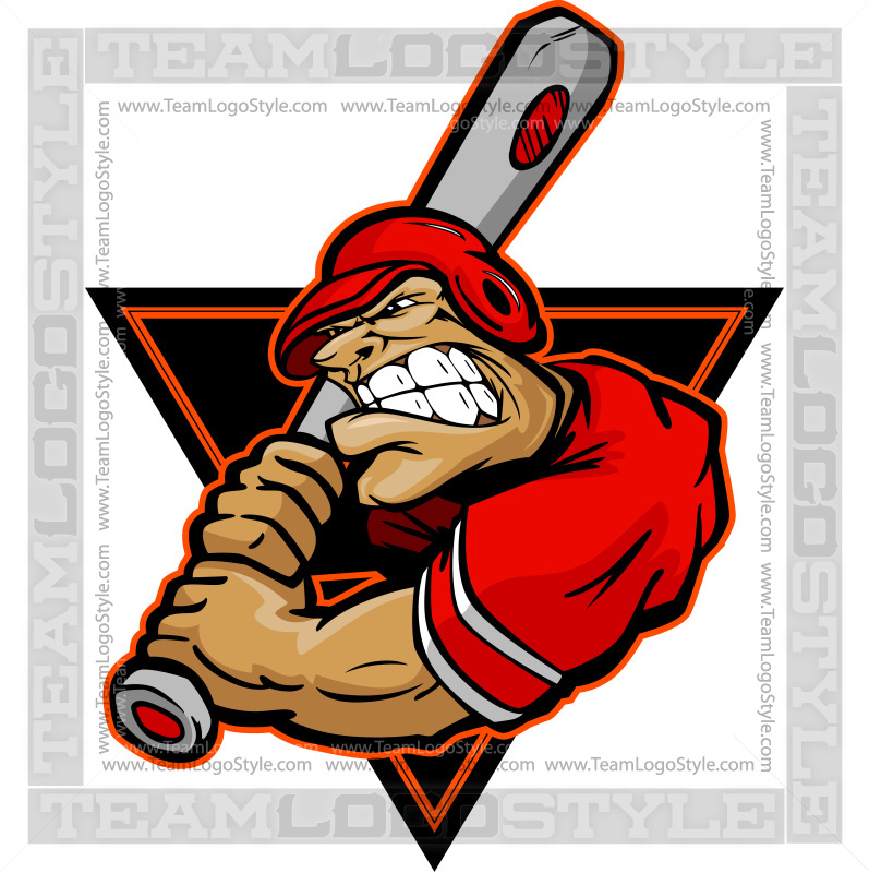 Fierce cartoon baseball player in red uniform gripping a bat, set inside an orange-trimmed black triangle logo.
