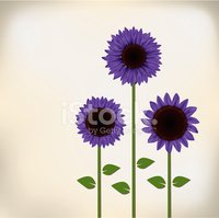 Three stylized purple sunflowers with green stems and leaves on a soft beige background.