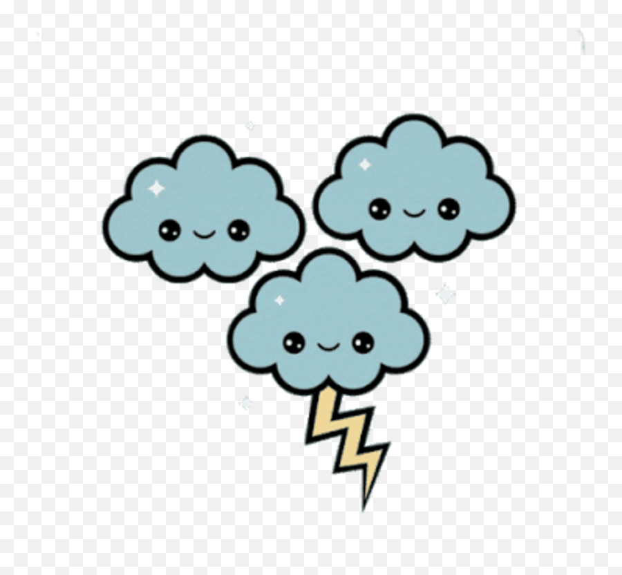 Three cute smiling cloud characters with a lightning bolt, in kawaii cartoon style.