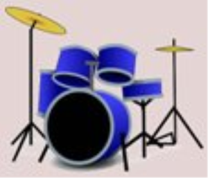 Blue drum set with yellow cymbals on stands, cartoon-style illustration.