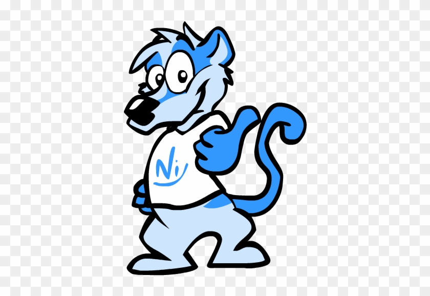 Blue cartoon fox mascot wearing a white shirt with "Ni" logo, giving a thumbs-up gesture.