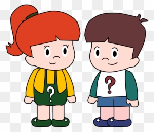 Two cartoon children with question marks on their shirts, symbolizing curiosity and learning.