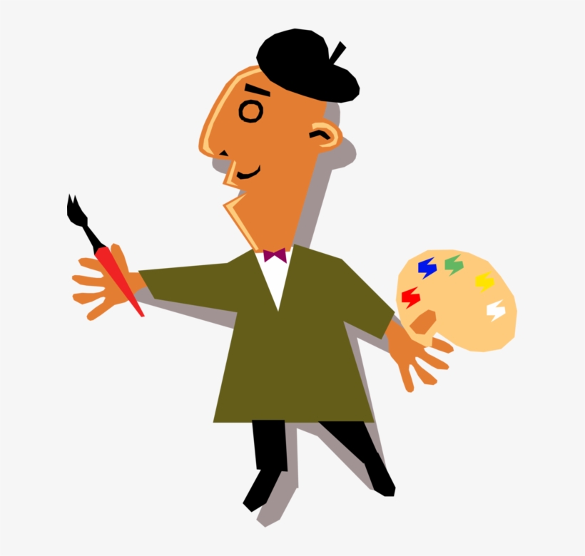 Cartoon artist wearing beret, holding paintbrush and palette with colorful paints.
