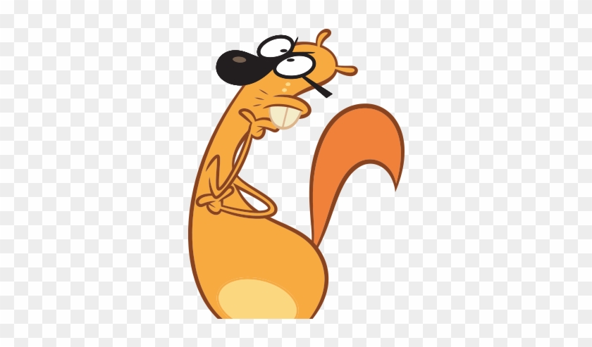 Cartoon orange squirrel with monocle, wide eyes, and thoughtful pose, holding a nut.
