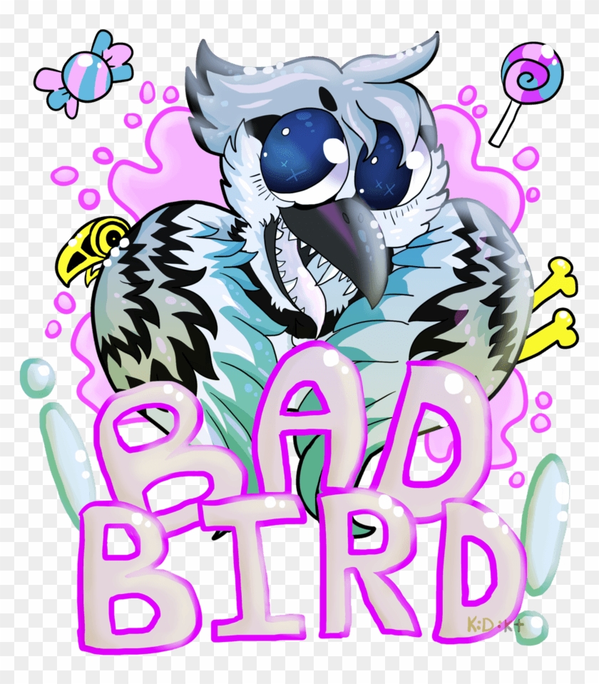 A stylized cartoon owl with large blue eyes, sharp beak, and candy-themed background, labeled "BAD BIRD!" in bubbly pink text.