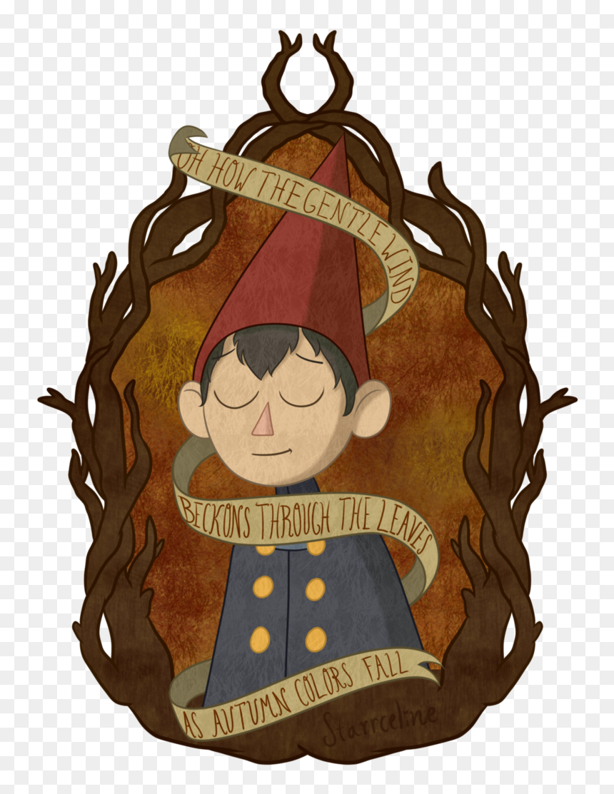 A serene cartoon boy in a red pointed hat and blue coat, framed by twisted branches with autumnal banners quoting poetry.