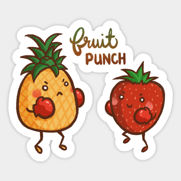 Cute cartoon pineapple and strawberry characters boxing under "Fruit Punch" text.