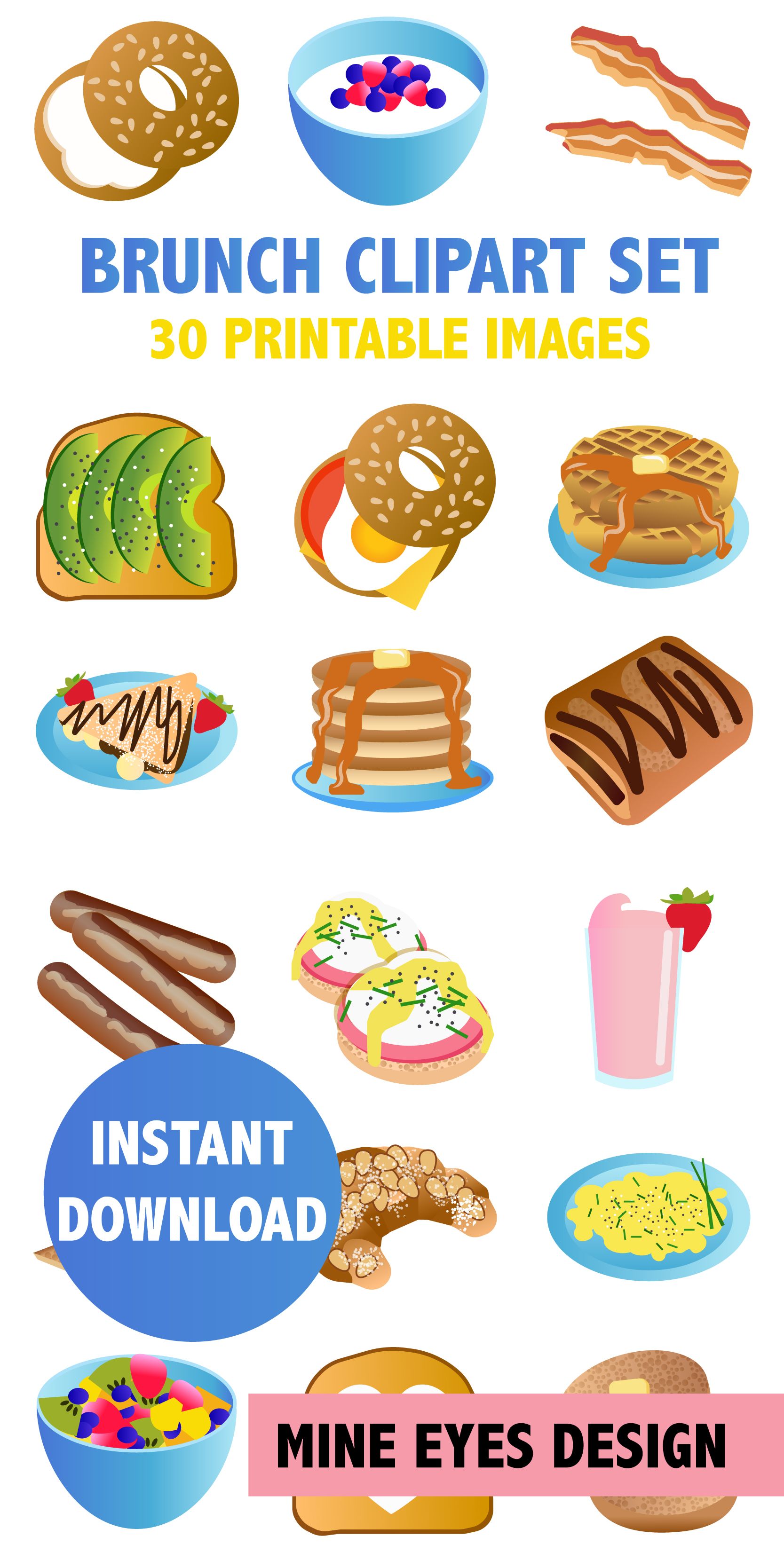 Brunch clipart set featuring 30 printable food illustrations including bagels, waffles, avocado toast, pancakes, eggs benedict, and smoothies.