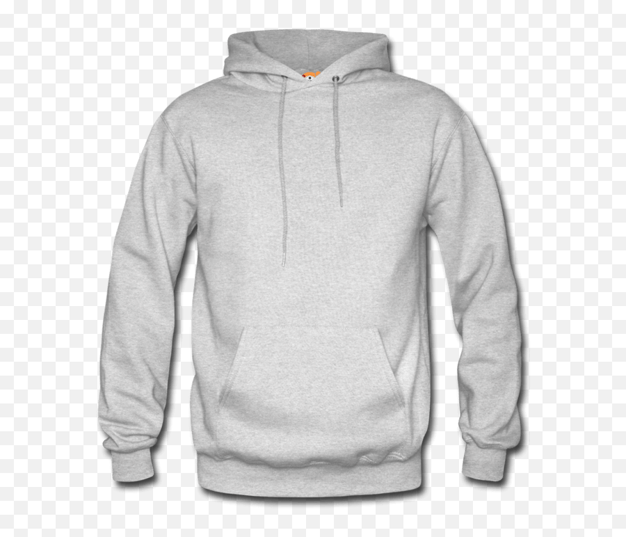 Light gray unisex hooded sweatshirt with front pocket and drawstrings, displayed on transparent background.