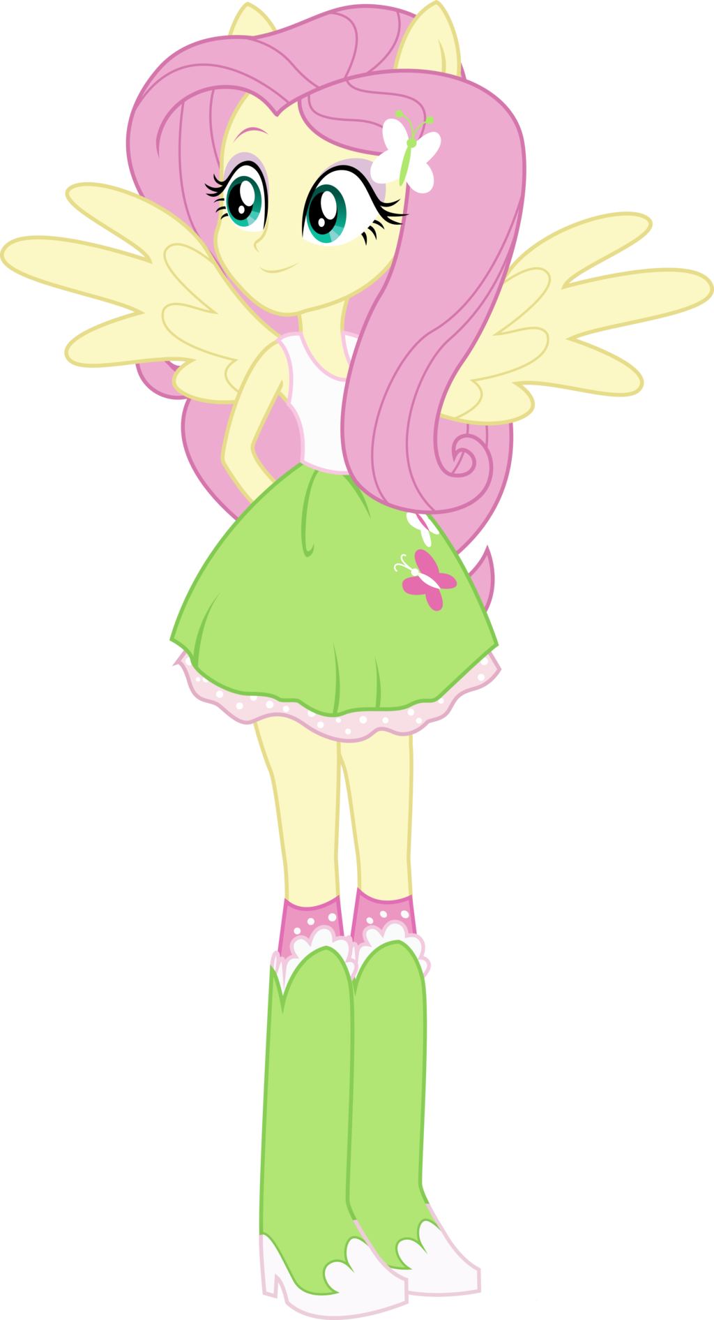 Fluttershy from My Little Pony: Equestria Girls, with pink hair, yellow wings, green dress, and butterfly accessories.