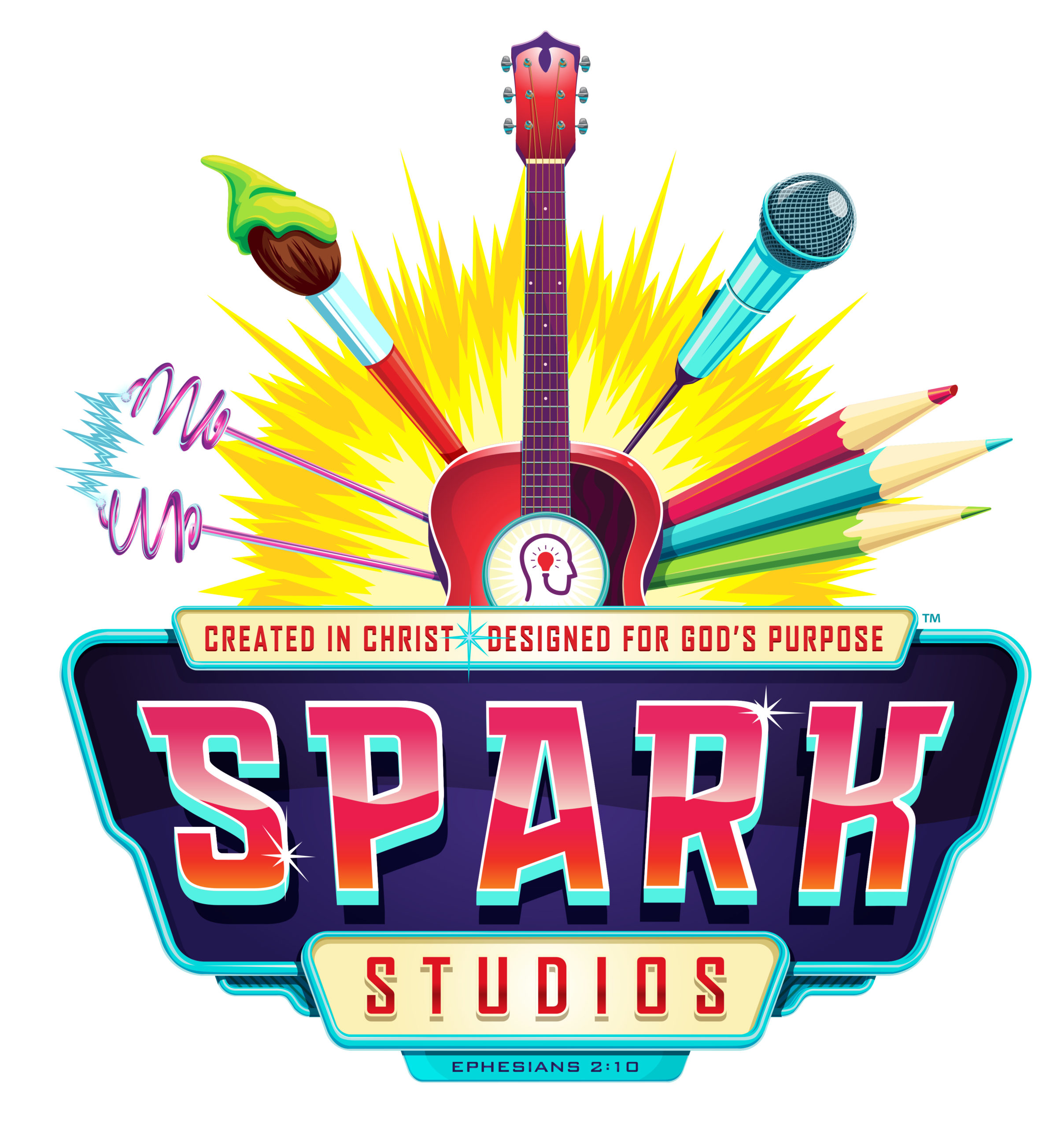 Vibrant SPARK Studios logo featuring a guitar, microphone, paintbrush, pencils, and "Mo Up" lightning graphic with Christian messaging.