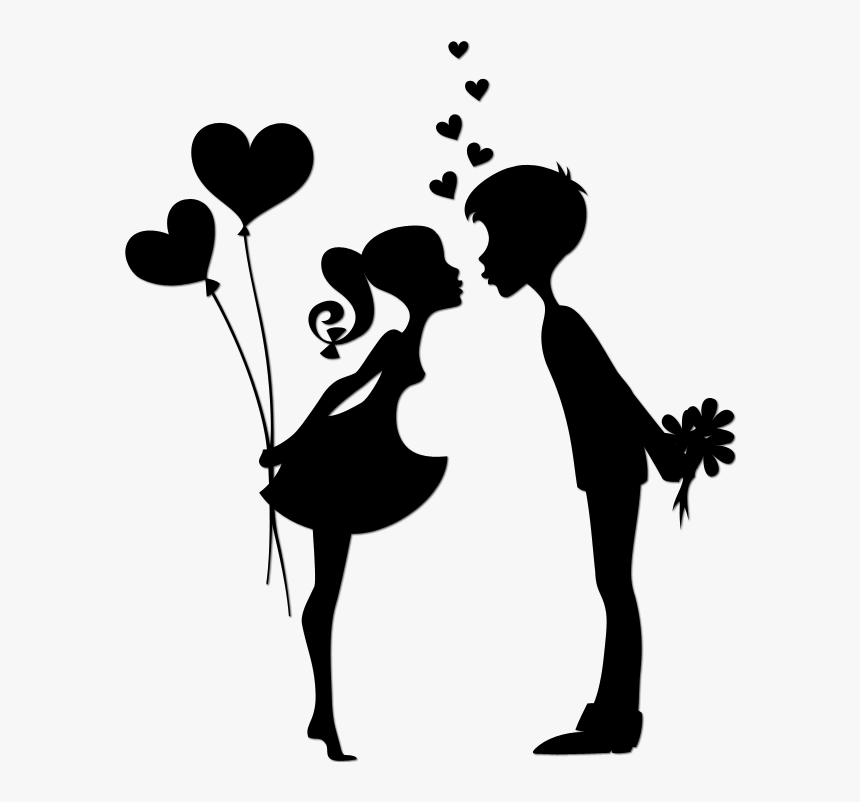 Silhouette of a romantic couple about to kiss, girl holding heart-shaped balloons, boy holding flowers, hearts floating above.