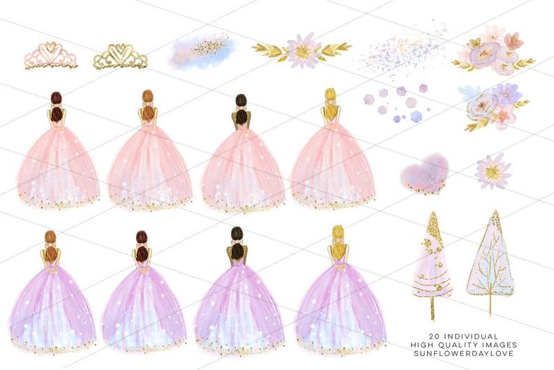 Princess Dress Clipart Set - Watercolor Gowns, Crowns & Floral Decorations