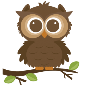 Cute cartoon brown owl with large eyes perched on a leafy branch.