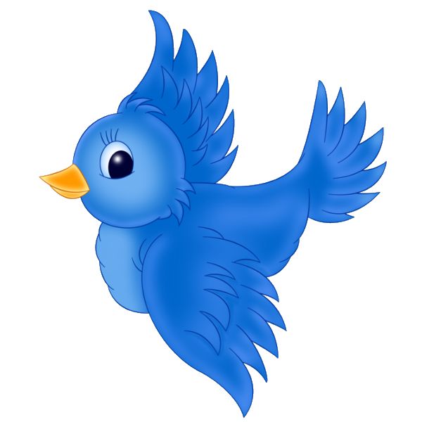 A cheerful cartoon blue bird in flight with yellow beak and expressive eye.