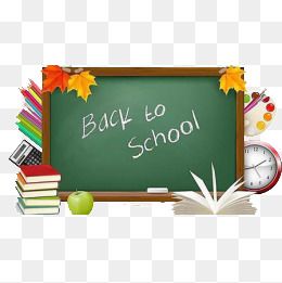 Chalkboard with "Back to School" text, surrounded by books, apple, clock, and autumn leaves.