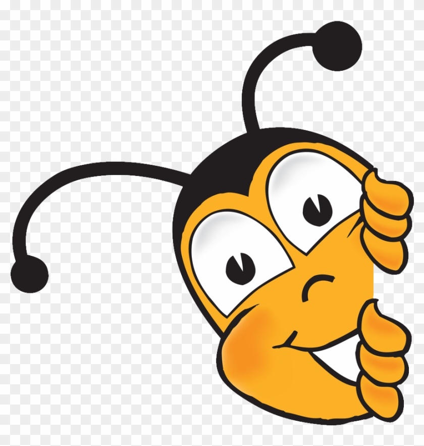 Cheerful cartoon bee giving a thumbs-up with expressive eyes and antennae.