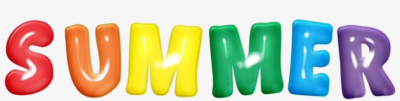 Colorful glossy 3D letters spelling "SUMMER" in rainbow order on white background.