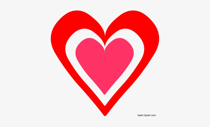 Nested heart graphic with red outer, white middle, and pink inner layers on white background.