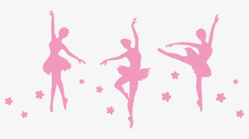 Three pink ballet dancer silhouettes in graceful poses with floral accents on a light background.